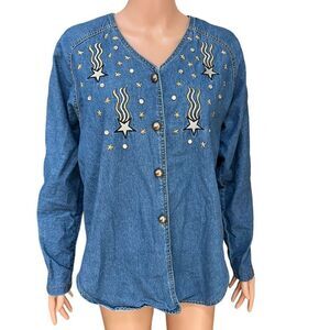 Bingo Bingo vintage Womens Cotton Embellished Denim/Jean Shirt Top size 14P